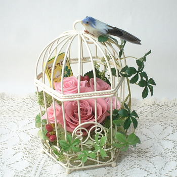 鳥かごのアレンジ ピンク プリザーブドフラワーキットと完成品 鳥かごのアレンジ ピンク プリザーブドフラワーキットと完成品